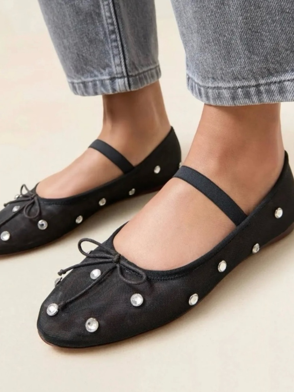 Black Embellished Mary Jane Ballet Flats - Women's